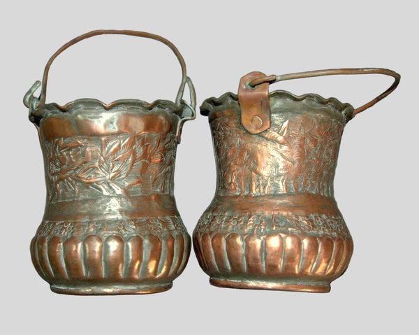 Pair of Antique Miniature Persian Ottoman Hand Etched Copper Buckets Embossed Animal & Floral Motif with Tinned Interior