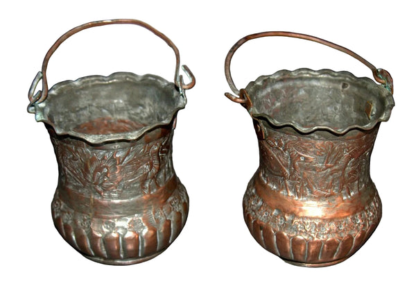 Pair of Antique Miniature Persian Ottoman Hand Etched Copper Buckets Embossed Animal & Floral Motif with Tinned Interior