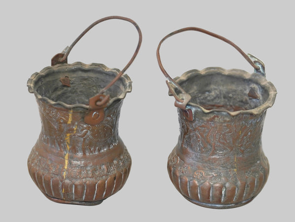 Pair of Antique Miniature Persian Ottoman Hand Etched Copper Buckets Embossed Animal & Floral Motif with Tinned Interior