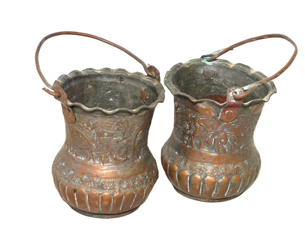 Pair of Antique Miniature Persian Ottoman Hand Etched Copper Buckets Embossed Animal & Floral Motif with Tinned Interior