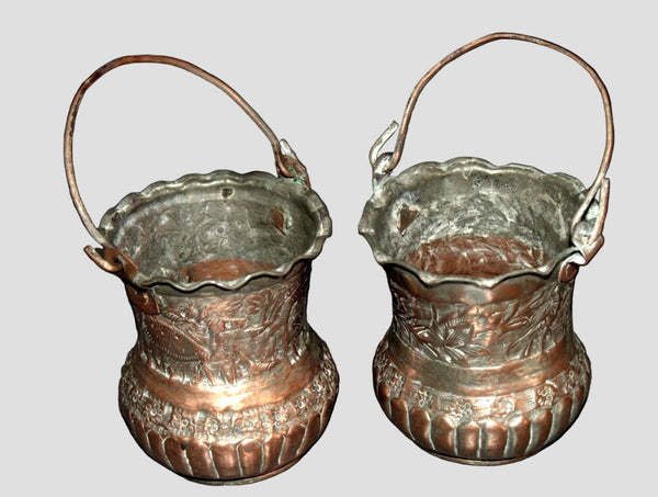 Pair of Antique Miniature Persian Ottoman Hand Etched Copper Buckets Embossed Animal & Floral Motif with Tinned Interior