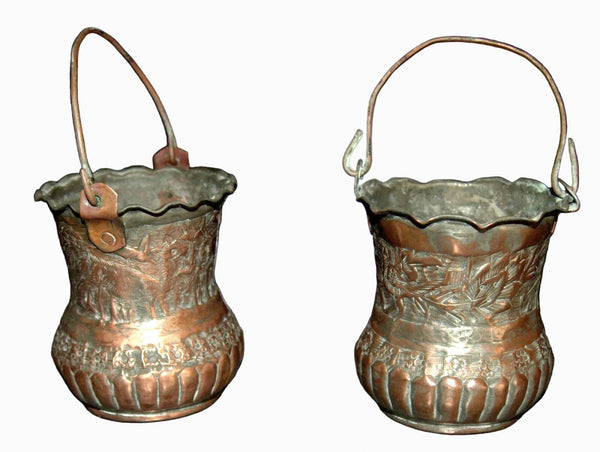 Pair of Antique Miniature Persian Ottoman Hand Etched Copper Buckets Embossed Animal & Floral Motif with Tinned Interior