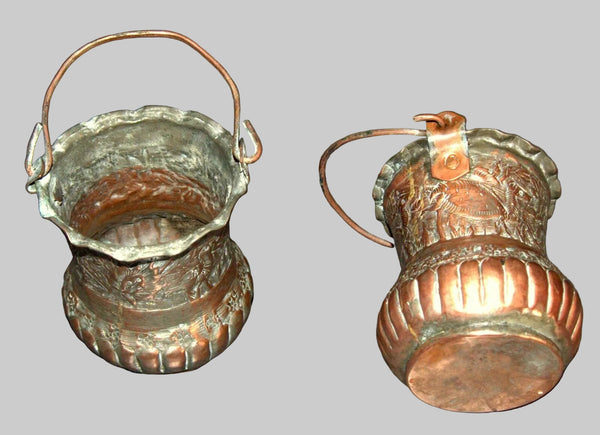 Pair of Antique Miniature Persian Ottoman Hand Etched Copper Buckets Embossed Animal & Floral Motif with Tinned Interior