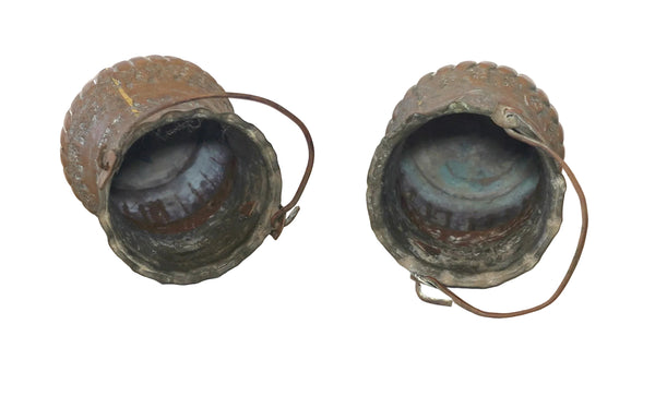 Pair of Antique Miniature Persian Ottoman Hand Etched Copper Buckets Embossed Animal & Floral Motif with Tinned Interior
