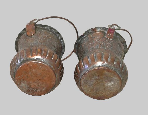 Pair of Antique Miniature Persian Ottoman Hand Etched Copper Buckets Embossed Animal & Floral Motif with Tinned Interior