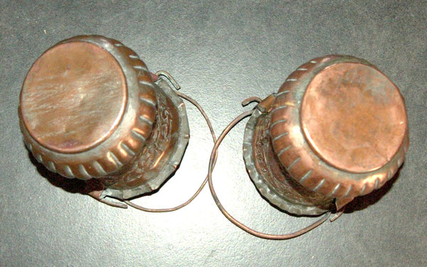 Pair of Antique Miniature Persian Ottoman Hand Etched Copper Buckets Embossed Animal & Floral Motif with Tinned Interior