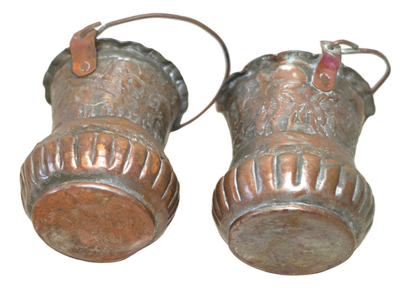 Pair of Antique Miniature Persian Ottoman Hand Etched Copper Buckets Embossed Animal & Floral Motif with Tinned Interior