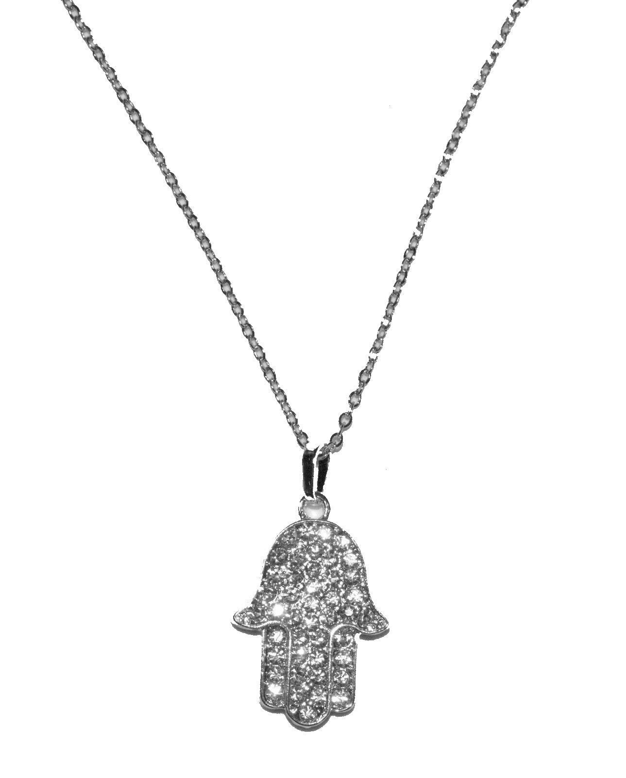 Silver Tone Hamsa Pendant w Clear Crystals Rhodium Necklace Judaica Kabbalah