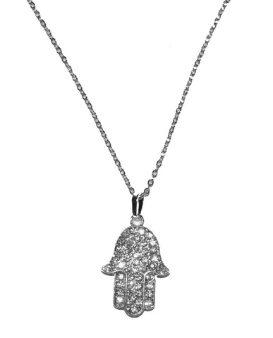Silver Tone Hamsa Pendant w Clear Crystals Rhodium Necklace Judaica Kabbalah