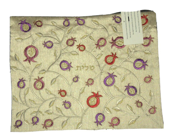 Tallit Tefillin Bag Case Set Organic Golden Brocade Pomegranate Embroidery