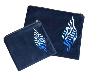 Tallit Tefillin Bag Case Set Plush Velvet Blue Shema Israel Embroidery Judaica