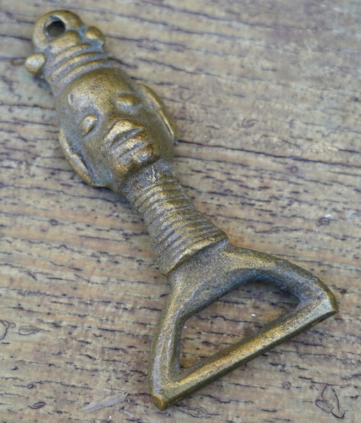 Vintage Brass Bottle Opener Ethnic Figure Head Long Neck