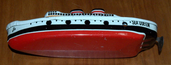 Vintage Sea Queen Tin Boat Metal Toy 1960's Steam w Accessory