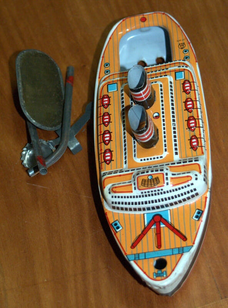 Vintage Sea Queen Tin Boat Metal Toy 1960's Steam w Accessory