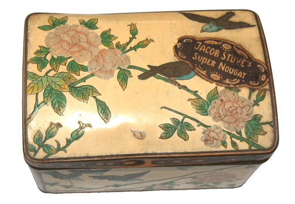 Vintage Tin Metal Box Jacob Stuve's Super nougat Floral Birds w Logo Germany