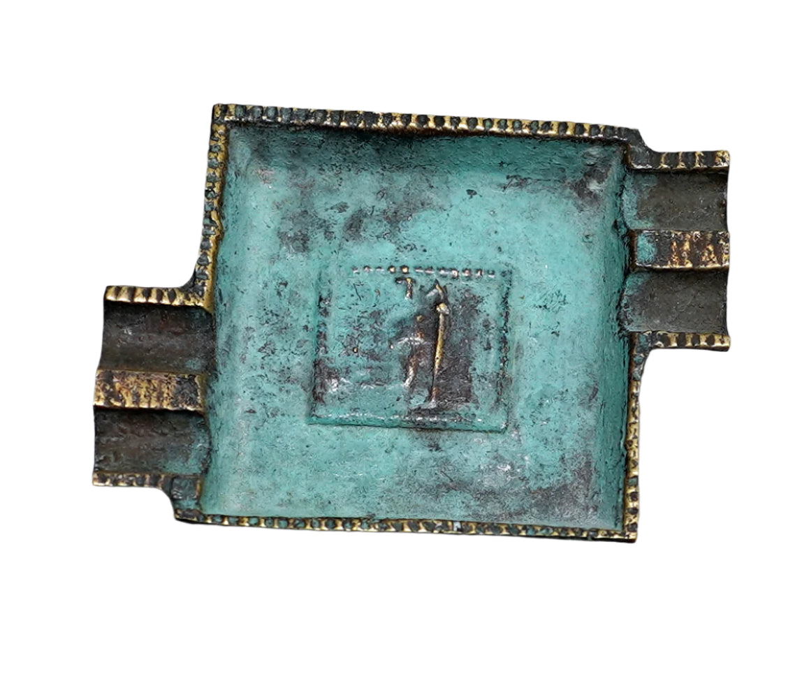 Vintage Israel Judaica Bronze Ashtray 12 Tribes- Gad Symbol Signed 1950's