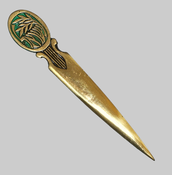 Vintage Israel Judaica Letter Opener Green Painted Bronze Olive Branch 1960's