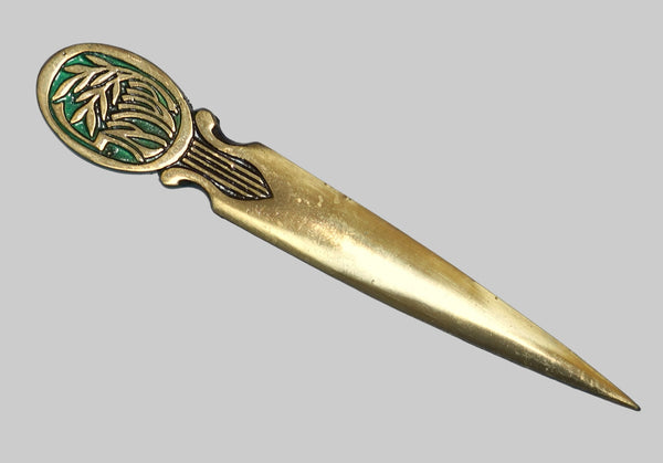 Vintage Israel Judaica Letter Opener Green Painted Bronze Olive Branch 1960's