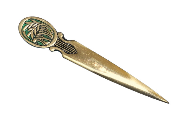 Vintage Israel Judaica Letter Opener Green Painted Bronze Olive Branch 1960's