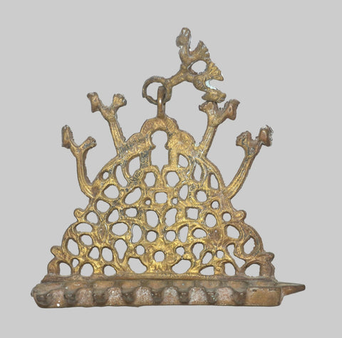 Vintage Judaica Israel Hanukkah Cast Brass Oil Menorah Wall Hang Bird Decorated