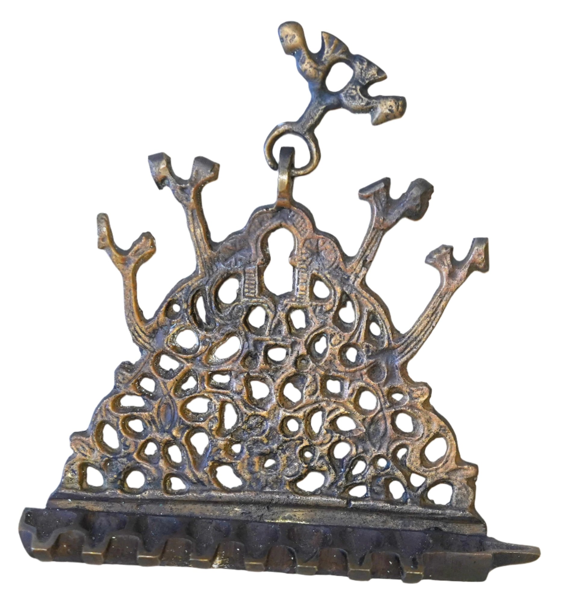 Vintage Judaica Israel Hanukkah Oil Menorah Wall Hang Bird Decorated