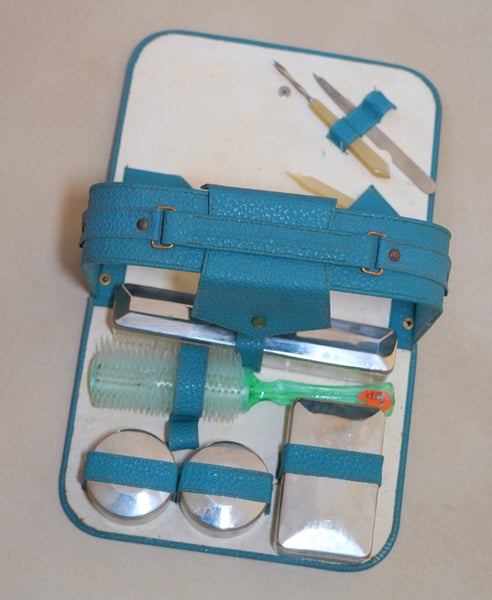 Vintage Ladies Grooming Vanity Toiletry Travel Luxury Set 1950s-60s Israel Blue