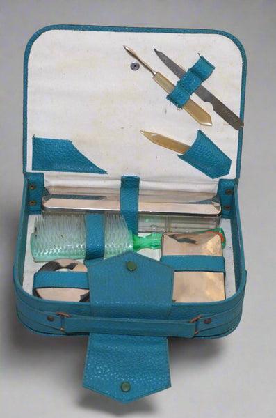 Vintage Ladies Grooming Vanity Toiletry Travel Luxury Set 1950s-60s Israel Blue