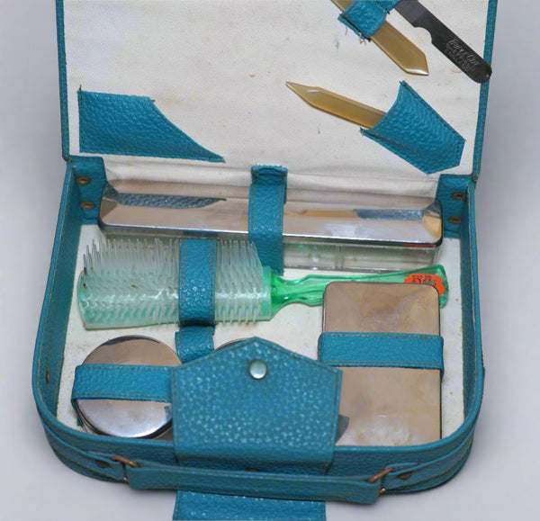 Vintage Ladies Grooming Vanity Toiletry Travel Luxury Set 1950s-60s Israel Blue