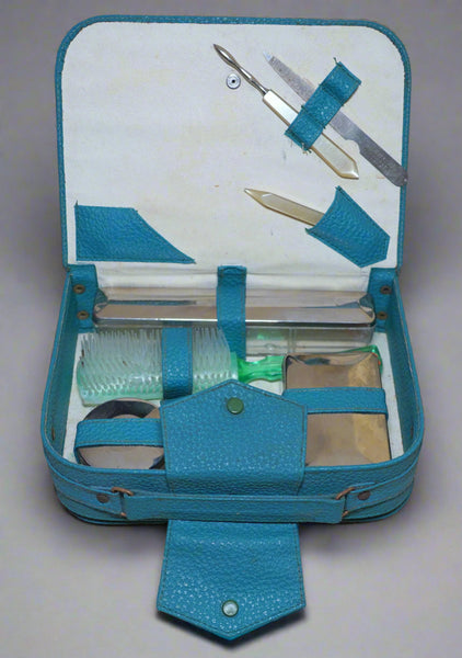 Vintage Ladies Grooming Vanity Toiletry Travel Luxury Set 1950s-60s Israel Blue