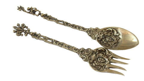 Vintage Ornate Serving Set Fork and Spoon Decorated Engraved Italy 1900's