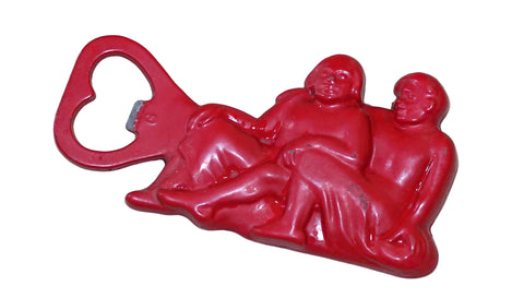 Vintage Red Painted Brass Bottle Opener Italy Sitting Couple Barware