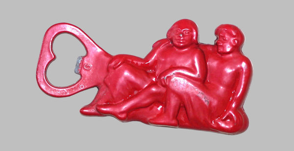 Vintage Red Painted Brass Bottle Opener Italy Sitting Couple Barware