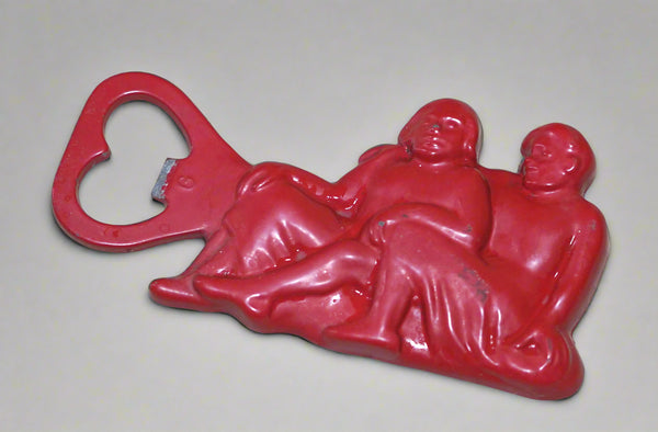 Vintage Red Painted Brass Bottle Opener Italy Sitting Couple Barware