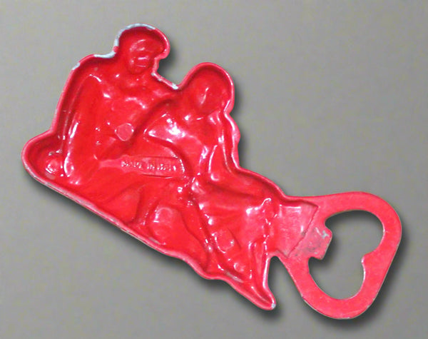 Vintage Red Painted Brass Bottle Opener Italy Sitting Couple Barware