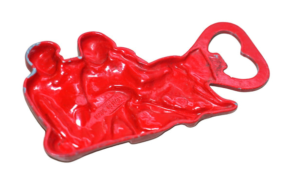Vintage Red Painted Brass Bottle Opener Italy Sitting Couple Barware