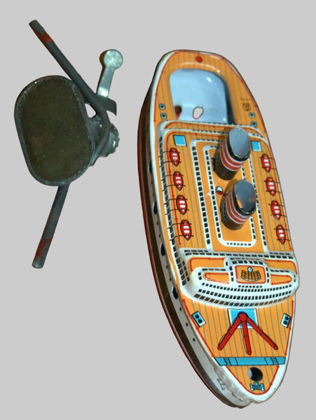 Vintage Sea Queen Tin Boat Metal Toy 1960's Steam w Accessory