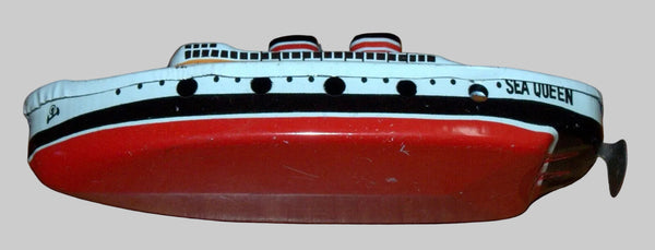 Vintage Sea Queen Tin Boat Metal Toy 1960's Steam w Accessory