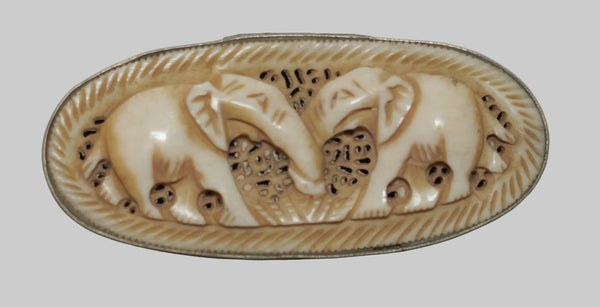 Vintage Small Trinket Snuff Pill Box Brass with Bone Hand Carved Elephants
