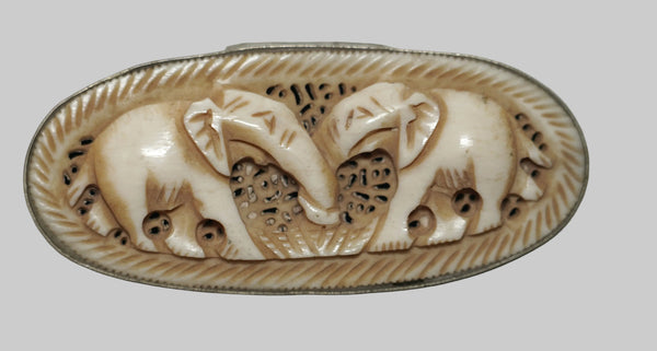 Vintage Small Trinket Snuff Pill Box Brass with Bone Hand Carved Elephants