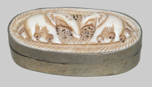 Vintage Small Trinket Snuff Pill Box Brass with Bone Hand Carved Elephants