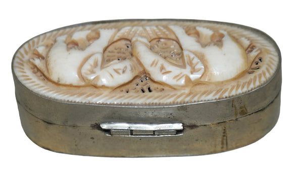 Vintage Small Trinket Snuff Pill Box Brass with Bone Hand Carved Elephants 