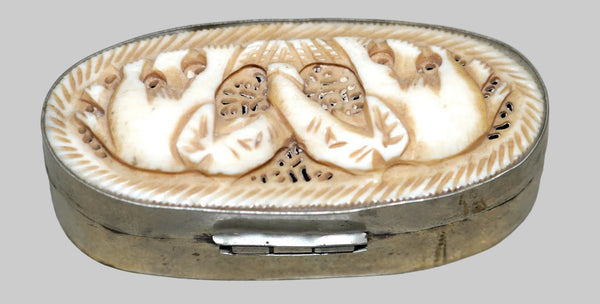 Vintage Small Trinket Snuff Pill Box Brass with Bone Hand Carved Elephants