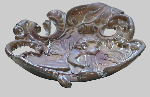 Vintage Small Trinket Tray Bronze Mazref Israel Cherub & Harp Relief 1960's