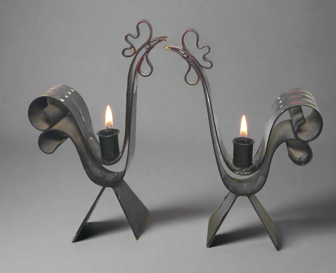 Vintage Sweden Mid Century Modern Rooster Candlestick Candle Holder Set Metal