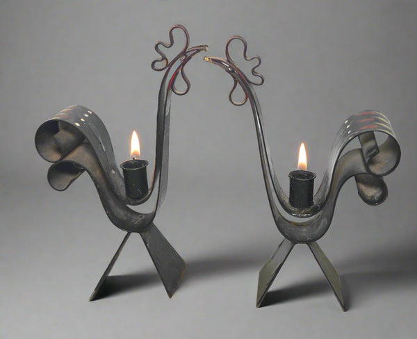 Vintage Sweden Mid Century Modern Rooster Candlestick Candle Holder Set Metal