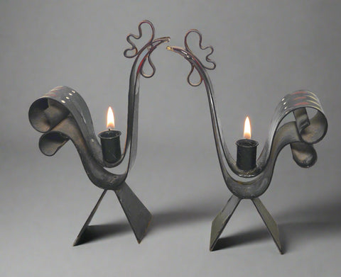 Vintage Sweden Mid Century Modern Rooster Candlestick Candle Holder Set Metal