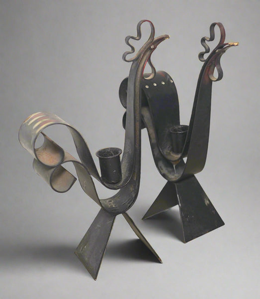 Vintage Sweden Mid Century Modern Rooster Candlestick Candle Holder Set Metal