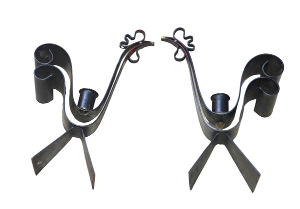 Vintage Sweden Mid Century Modern Rooster Candlestick Candle Holder Set Metal
