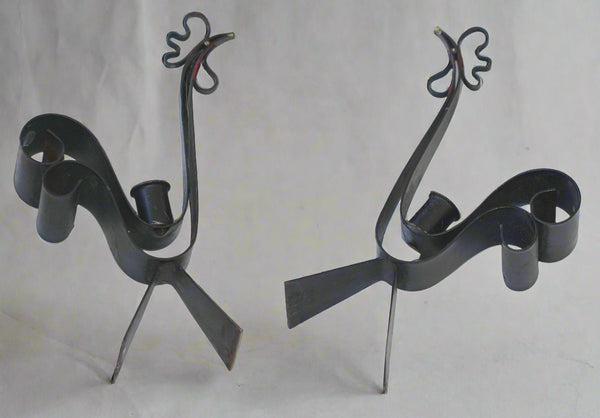 Vintage Sweden Mid Century Modern Rooster Candlestick Candle Holder Set Metal
