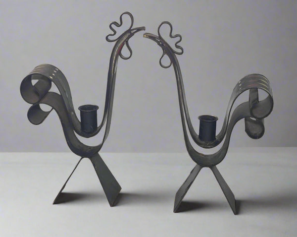 Vintage Sweden Mid Century Modern Rooster Candlestick Candle Holder Set Metal